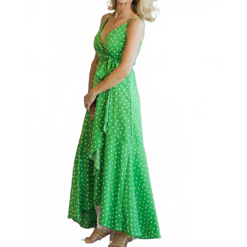 NEW VINE & LOVE adjustable strap tie waist dot print long wrap dress in green